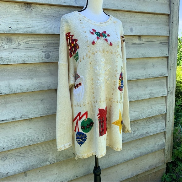 Vintage 90s White Patchwork Appliqué Long Sleeve Crewneck Ugly Christmas Sweater - Picture 2 of 16